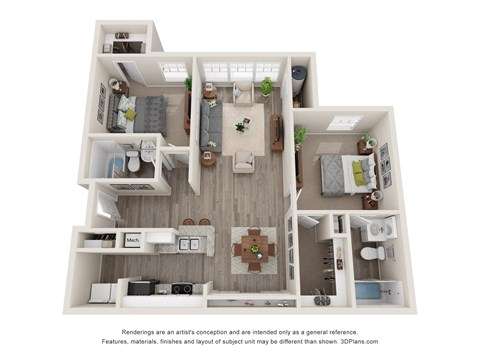 Floor plan for 2 beds, 2 baths, 1010 sqft
